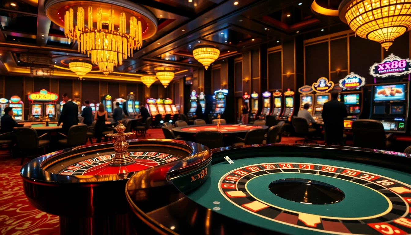Exciting casino atmosphere at xx88 with roulette, poker, and slot games in play.