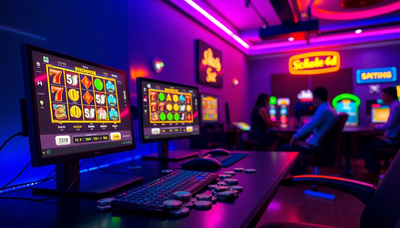 Situs kode4d showcases an exciting online gaming atmosphere with colorful slot games and a vibrant setup.