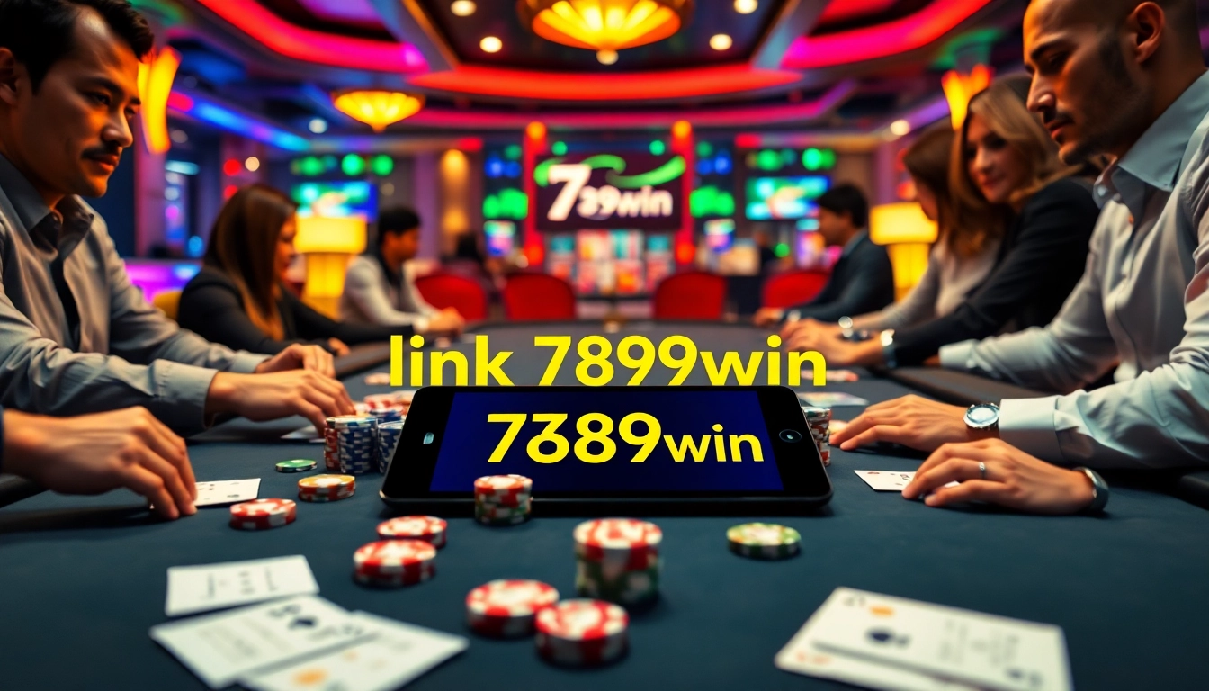 Players engaged in an exciting poker game at a casino table, featuring link 789win betting chips.