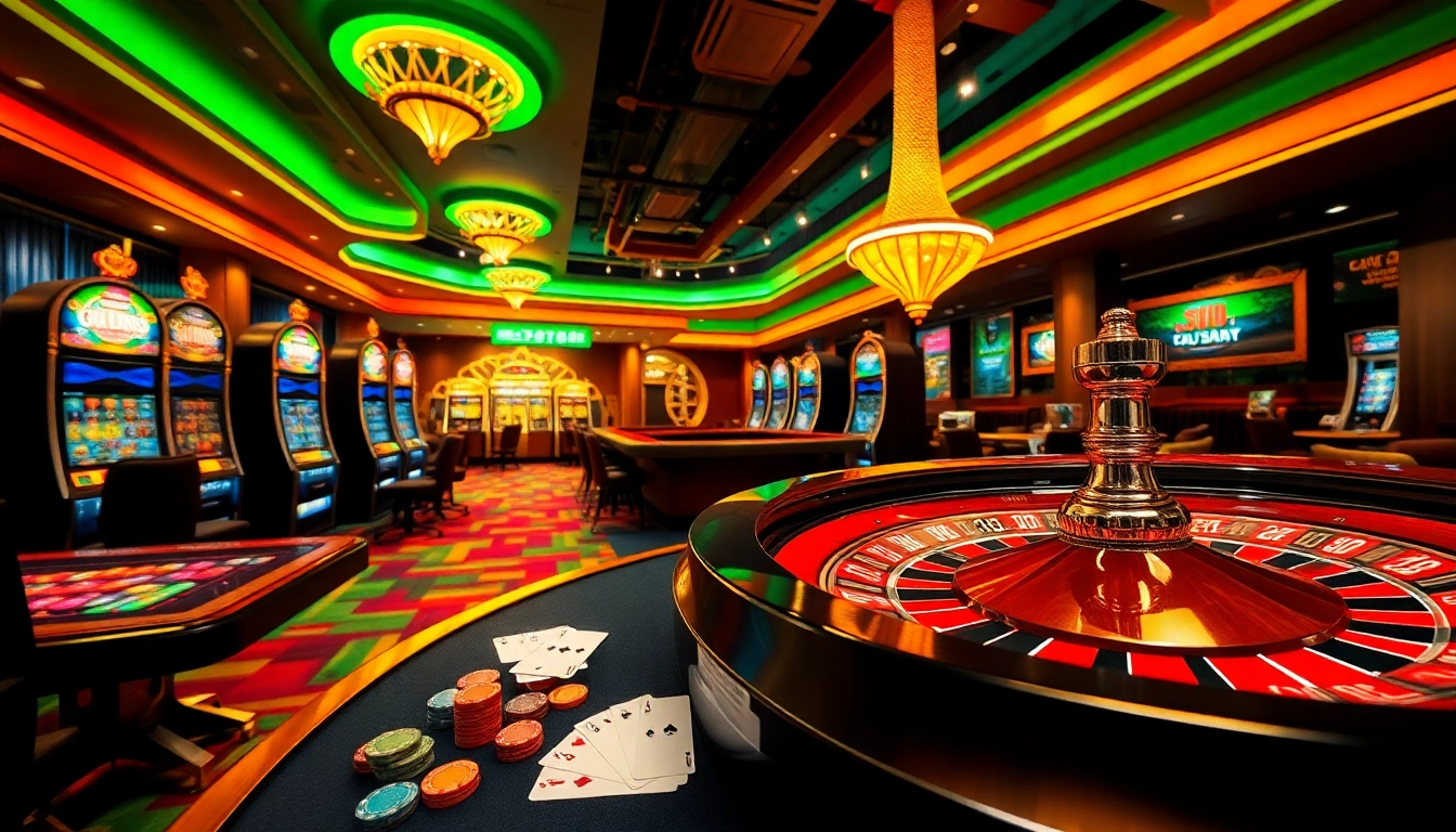 NHÀ CÁI MM88 players enjoying a vibrant casino atmosphere with tables, chips, and slot machines.