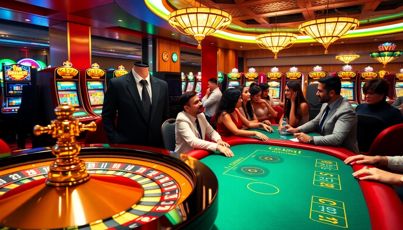 Exciting casino action at Okfun with a roulette wheel and engaged players in a vibrant atmosphere.