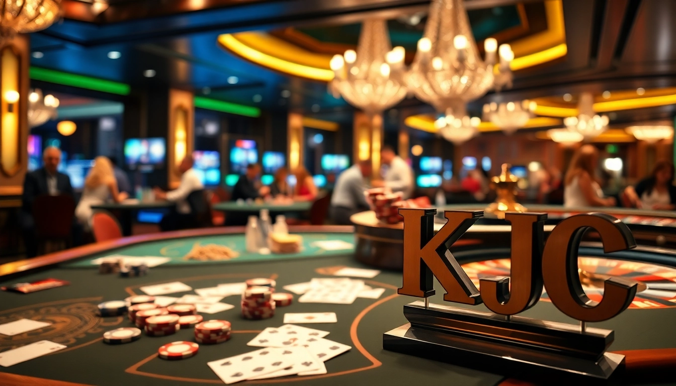 KJC casino table with poker chips and cards showcasing an exciting gaming experience.