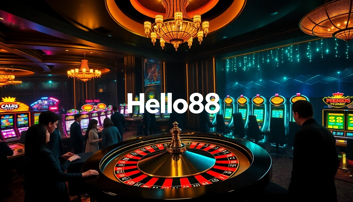 Hello88 casino scene with gamblers engaged at a roulette wheel and vibrant slot machines.