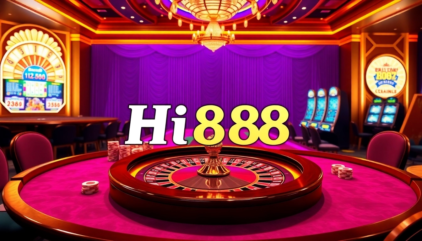 Exciting casino action featuring Hi888 logo and vibrant gambling elements.