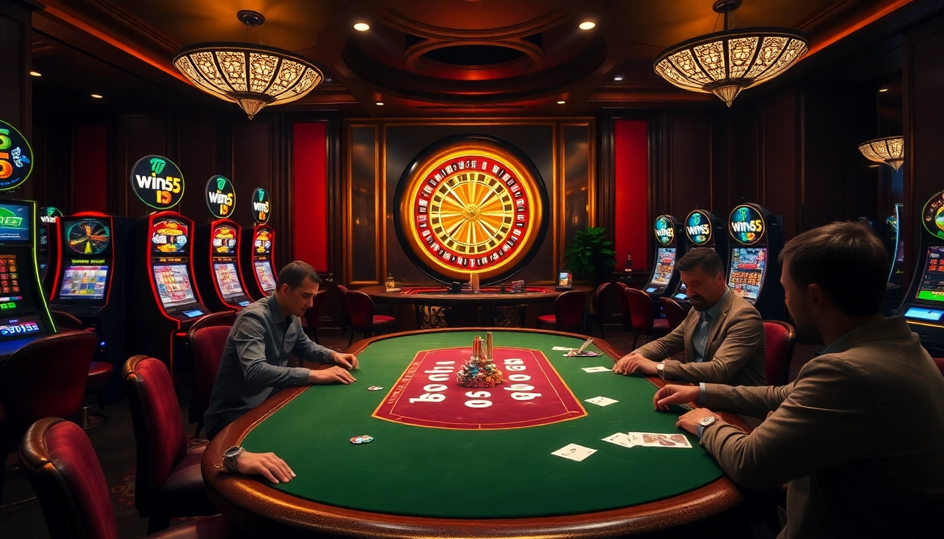 Players at a poker table celebrating a win55 moment in a luxury casino atmosphere.