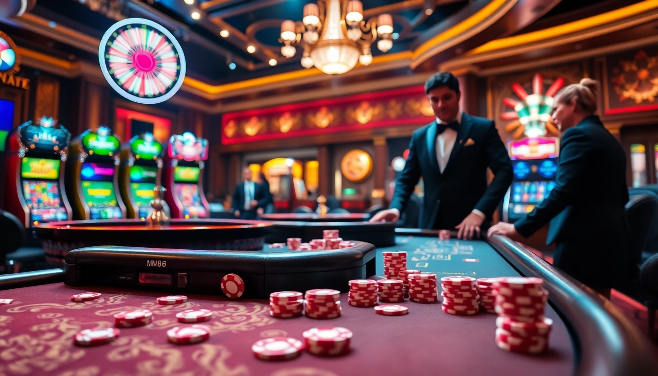 Engaging scene of professional dealers at nhà cái mm88 casino table, showcasing vibrant gambling atmosphere.
