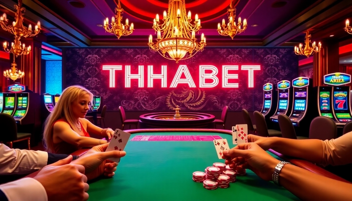 Action-packed casino scene showcasing players at thabet gaming tables with vibrant poker chips and cards.