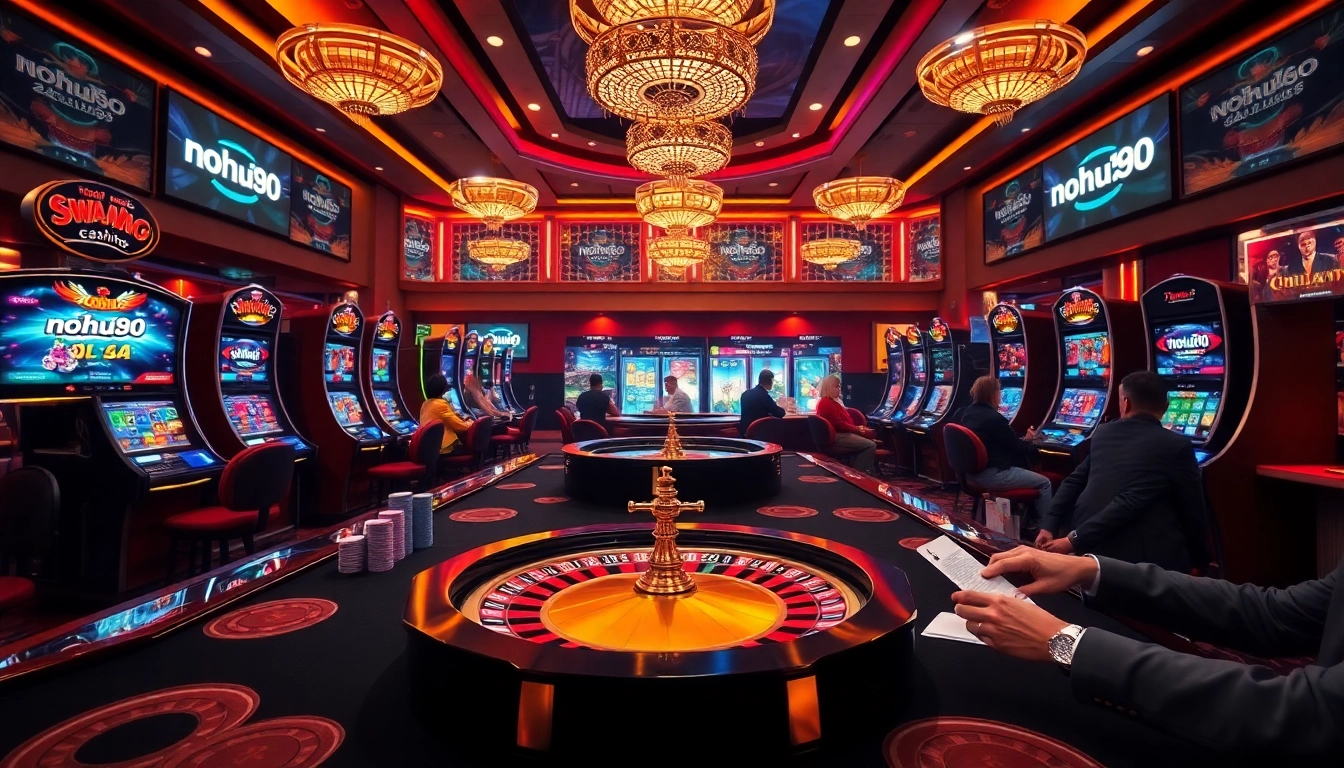 Nohu90 casino scene with vibrant slot machines and poker players at a luxurious gambling table.