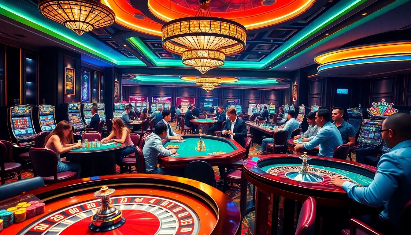 Exciting casino atmosphere showcasing vibrant gaming tables at https://vj88.com/ highlighting poker and roulette play.
