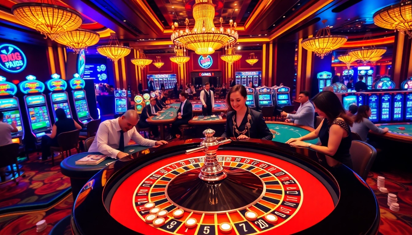 Excited players engaging at a luxurious jun88 com casino, featuring roulette and slot machines.