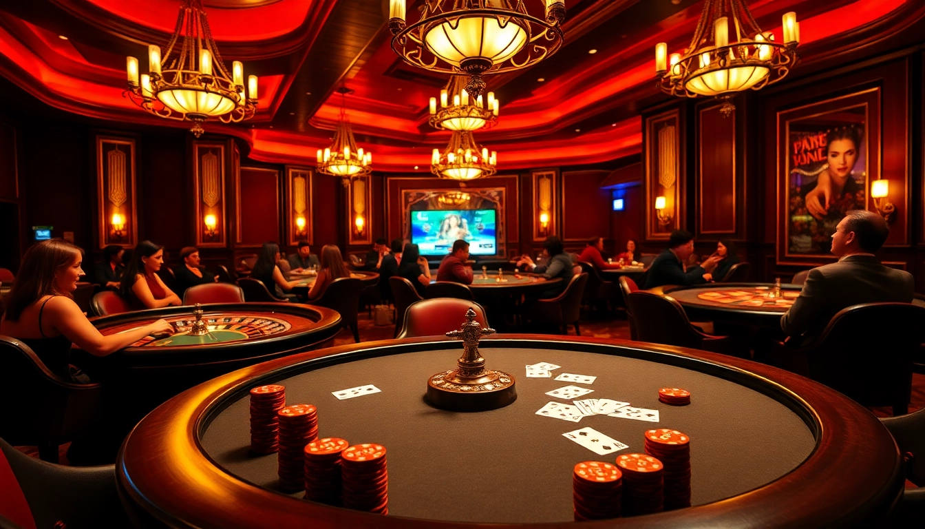 Exciting casino poker scene illustrating whether uu88 có lừa đảo không, with players, cards, and roulette wheel.