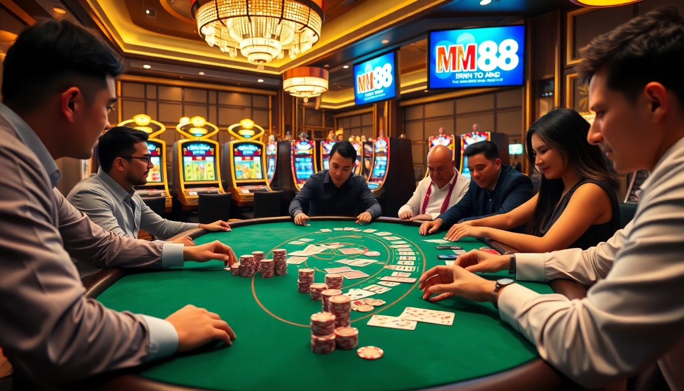 MM88 players engaging in poker at a luxurious casino table with vibrant colors and exciting atmosphere.