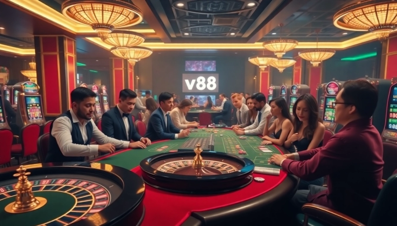 Excited players enjoying casino games at vn88, showcasing roulette wheels and poker chips.