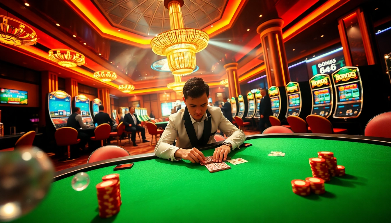 Bong88 player confidently analyzes cards at a vibrant online casino table.