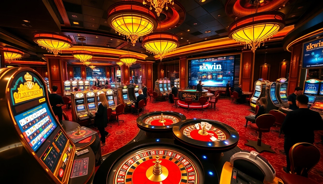Engaging players at kkwin casino with roulette wheels and vibrant slot machines.