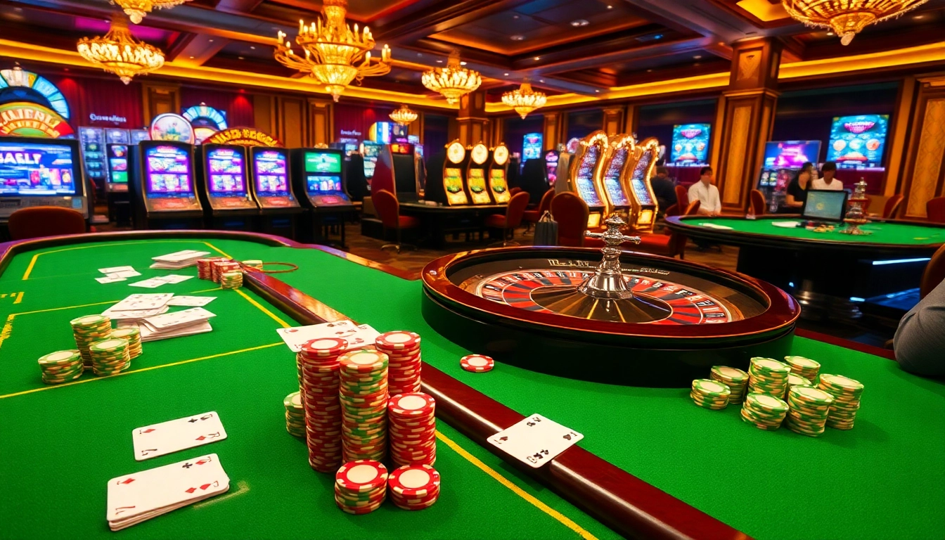 Exciting casino scene highlighting Link vào alo789 with engaged gamblers at roulette and poker tables.