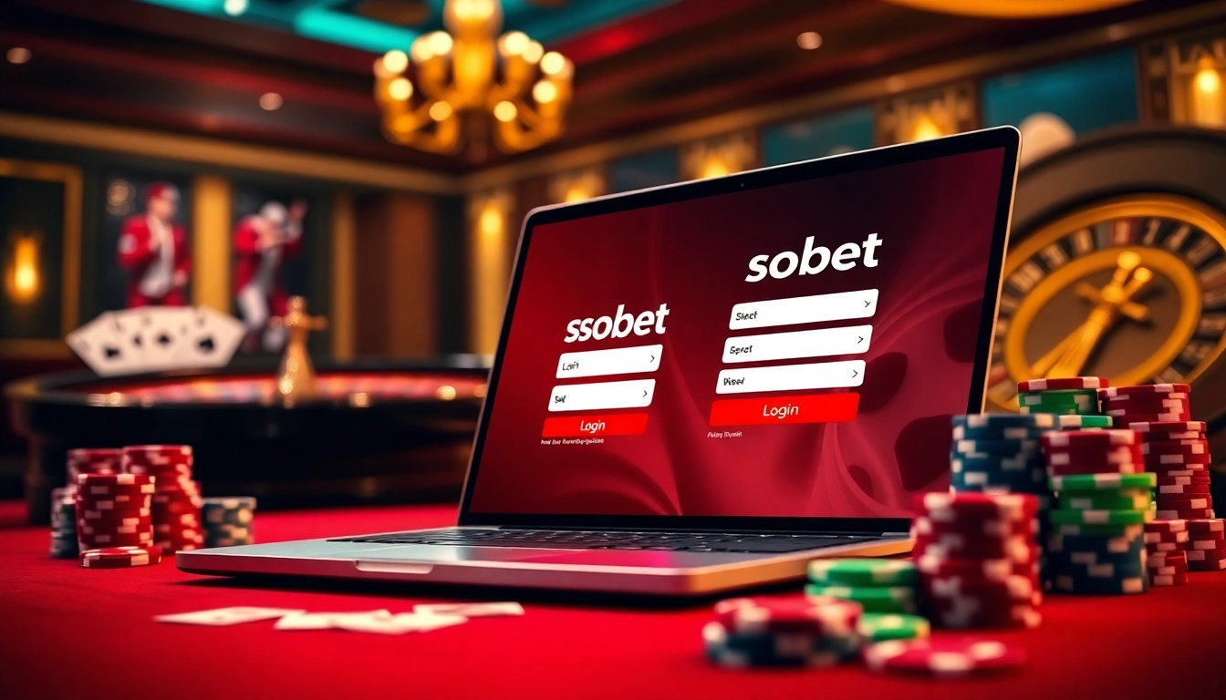 Sbobet login interface on a stylish laptop amidst an inviting casino backdrop with poker chips and playing cards.