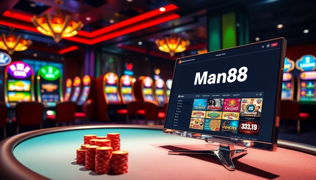 Engage in thrilling gaming at Man88's sophisticated online casino interface surrounded by vibrant visuals.
