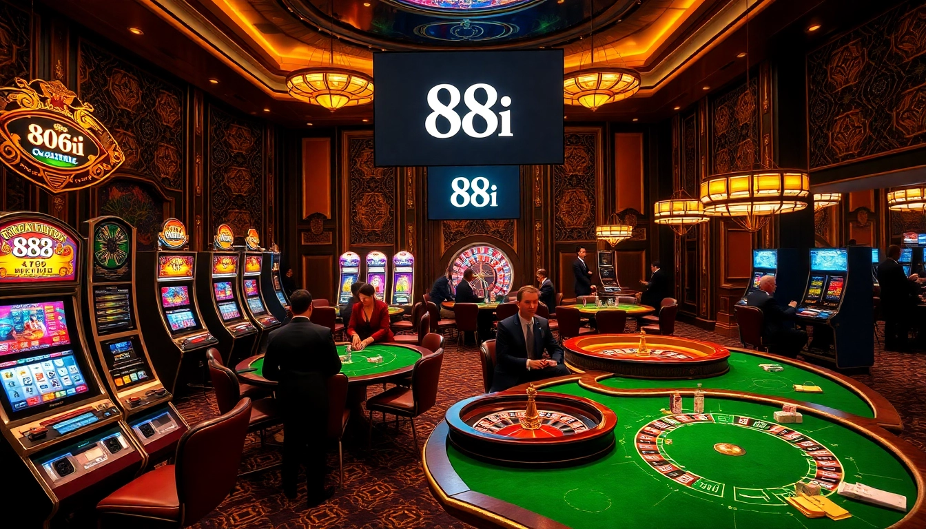 Engaged players enjoying thrilling casino games at 88i, surrounded by vibrant gaming elements.
