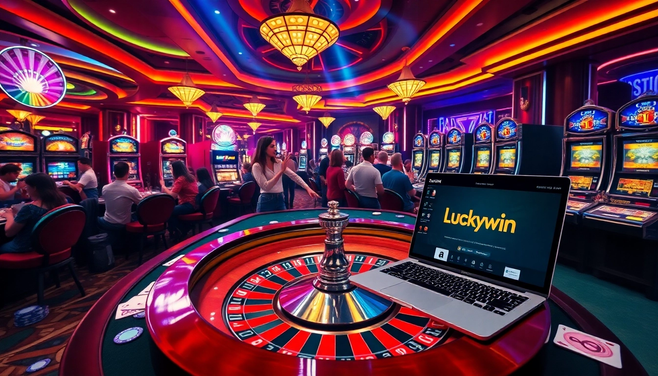 Luckywin casino scene with players at a roulette table and vibrant slot machines showcasing high-stakes excitement.