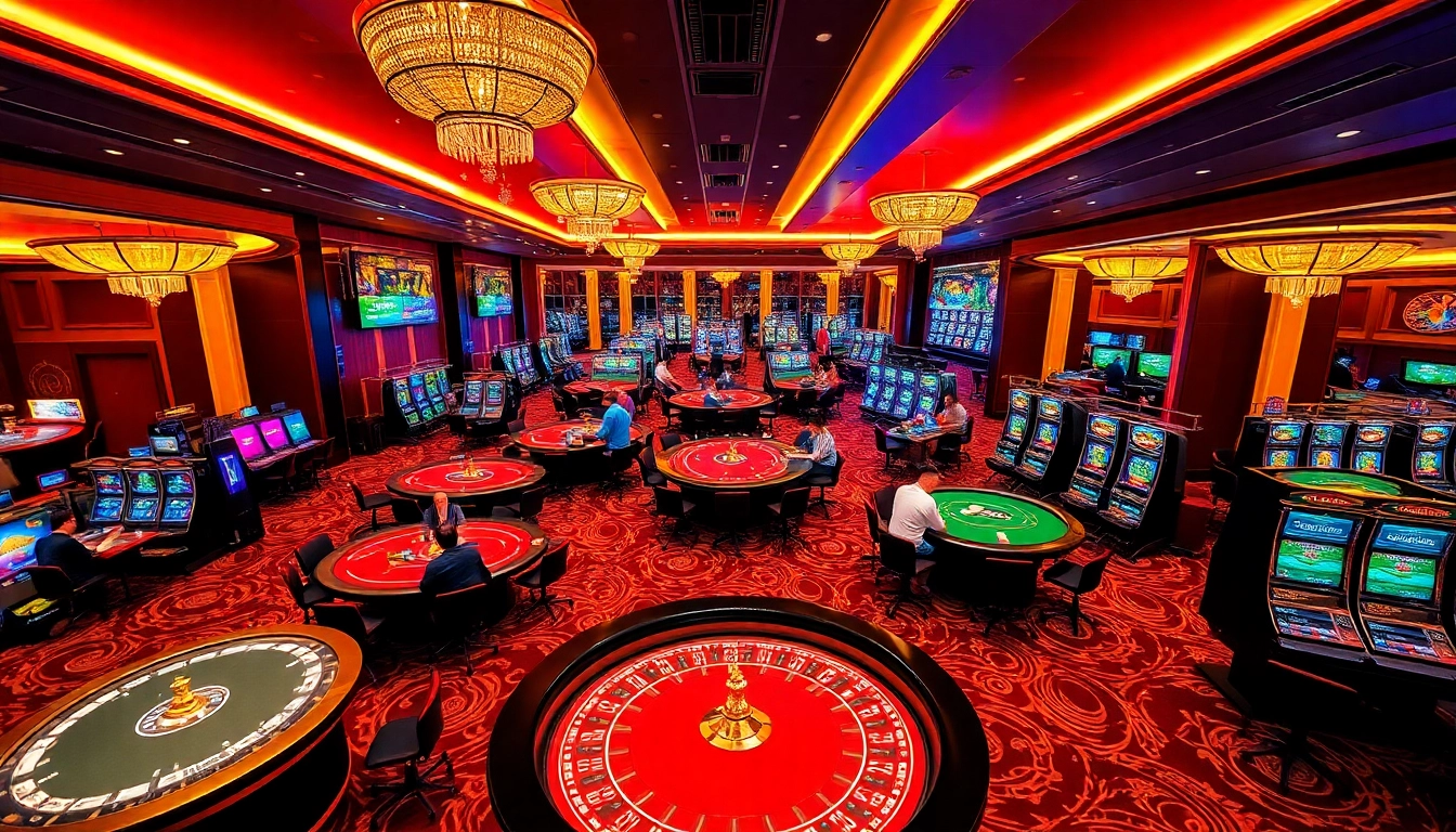 Engaging players at https://ok8386.mobi/ in an exhilarating casino atmosphere with vibrant tables and games.