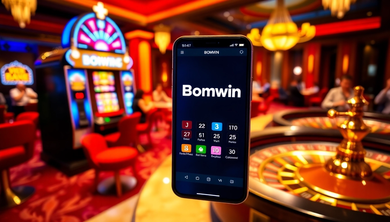 Experience excitement with Bomwin's gaming app showcased in a lively casino scene.