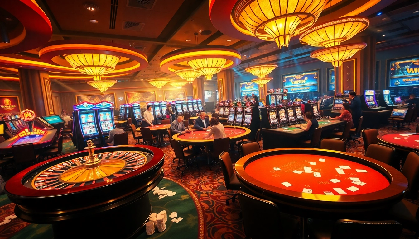A dynamic casino scene showcasing excitement at https://vj88.online/ with players at poker tables, roulette wheels, and vibrant slot machines.