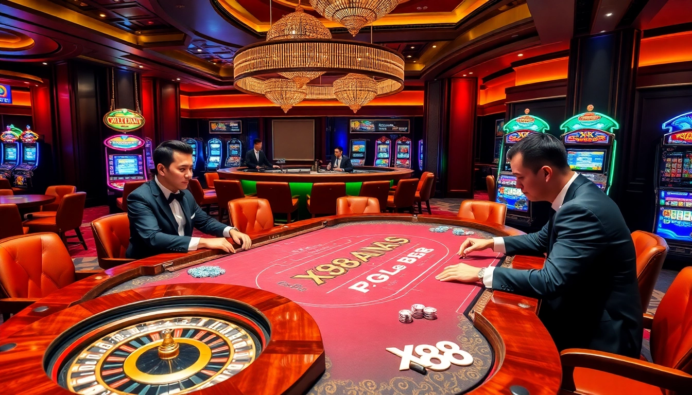X88-themed poker table in a luxurious casino with vibrant colors and professional atmosphere.