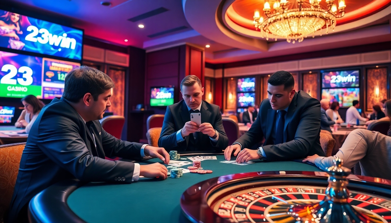 Experience an exciting poker game at 23win’s luxury casino table with vibrant chips and cards.