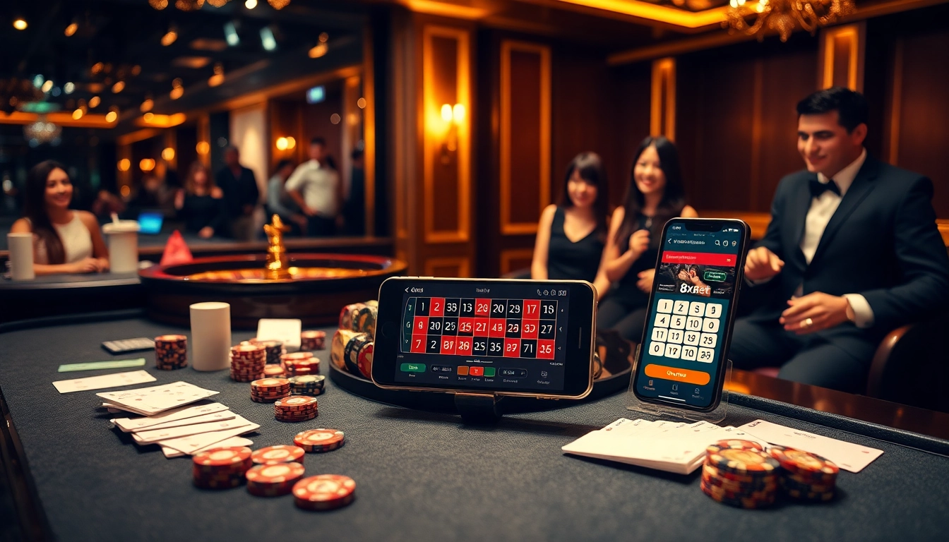 Engage in thrilling gameplay with the tải 8xbet app displayed on a modern smartphone amid vibrant casino elements.