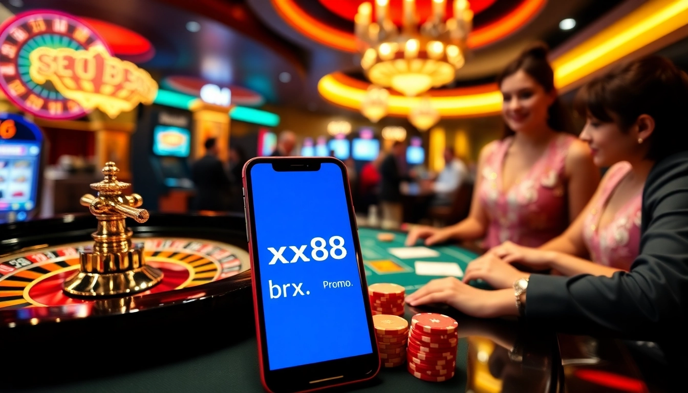 Experience thrilling gambling action at https://xx88.promo/ with a luxurious poker table and roulette wheel.