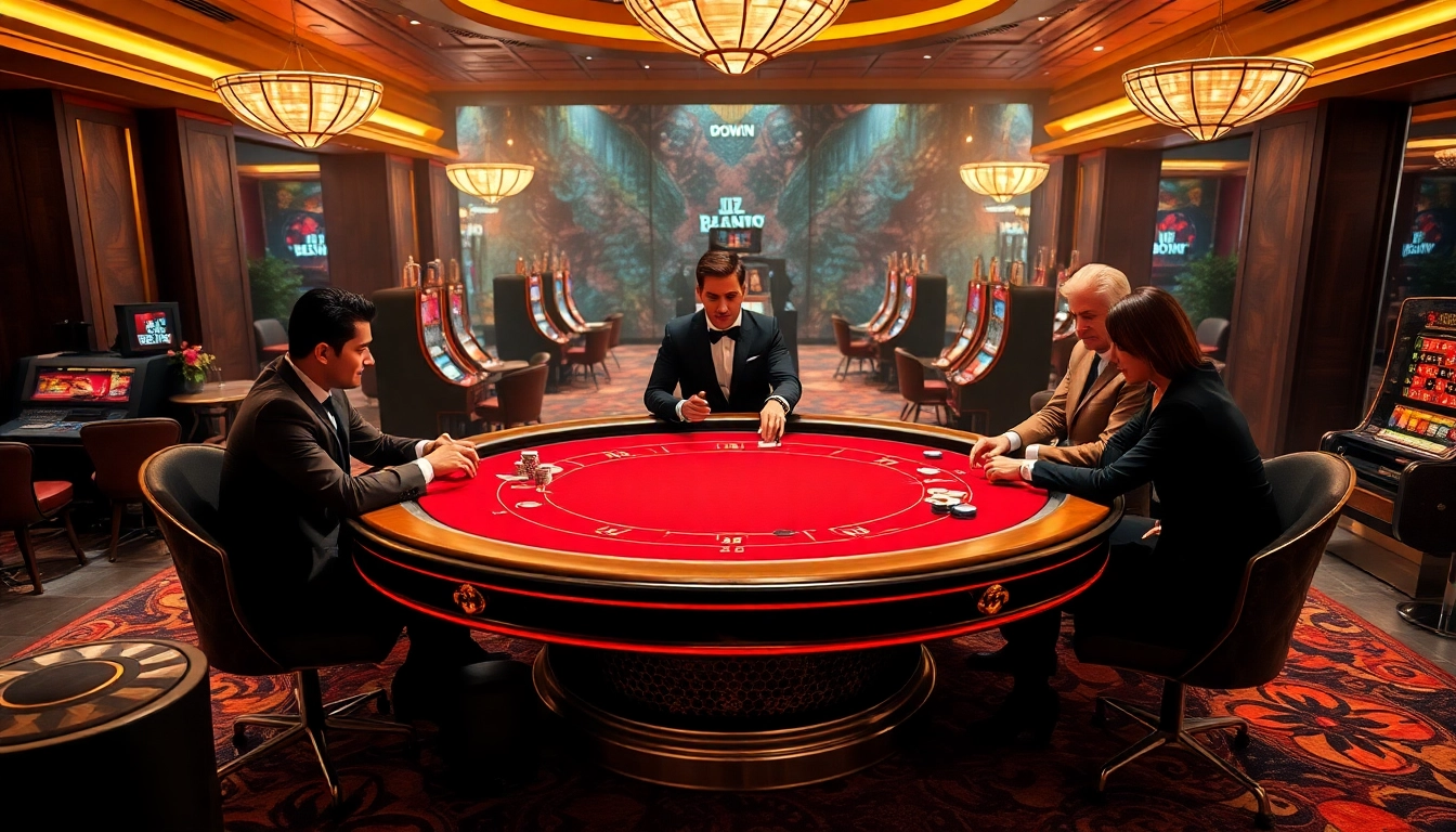 Experience the excitement of bomwin with players engaging in high-stakes poker at a luxurious casino table.