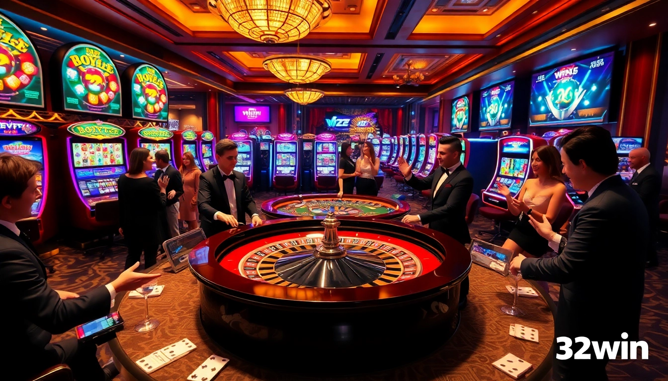 32win players celebrating at a luxury casino roulette table.