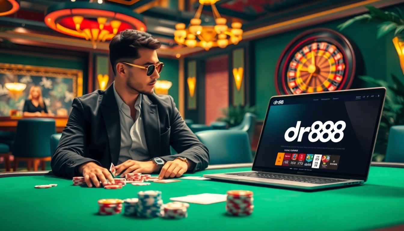 Experience the excitement of dr88 with a vibrant casino scene featuring high-stakes poker and roulette.