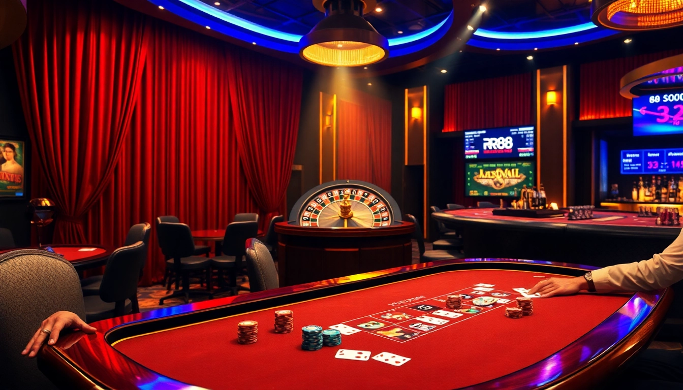 Experience the thrill of gambling at RR88 with vibrant poker chips and a spinning roulette wheel.