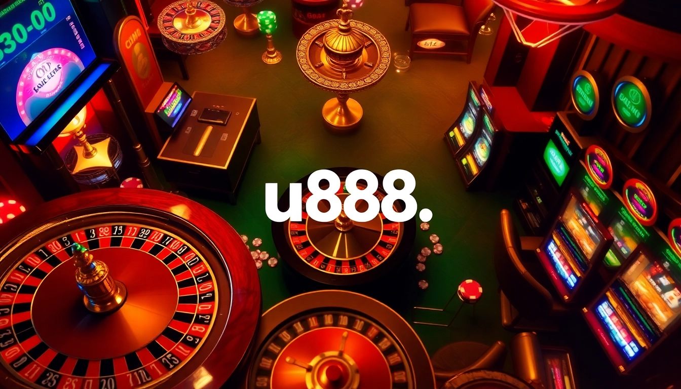 Experience the thrill of u888 as players engage with glamorous casino elements like slot machines and poker chips.