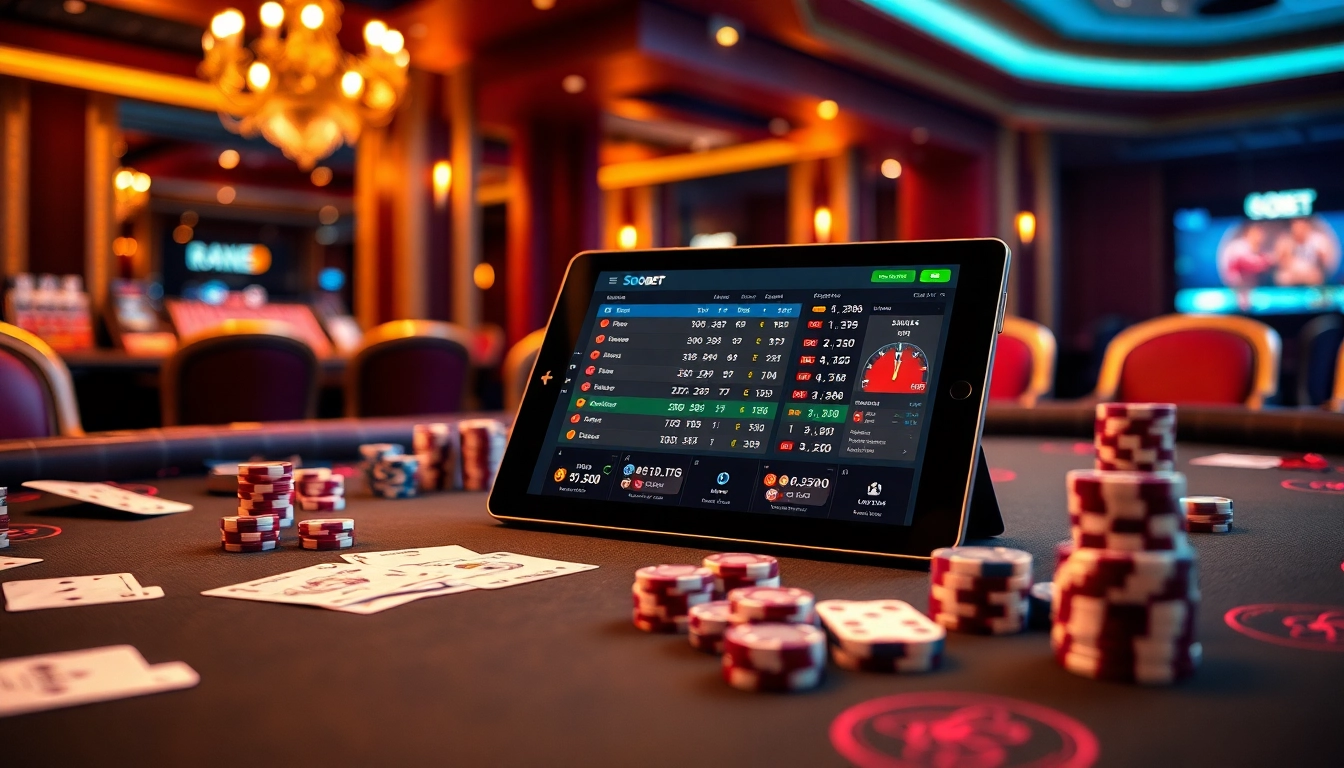 Exciting sbobet betting scene with elegant cards, poker chips, and modern gambling interface.