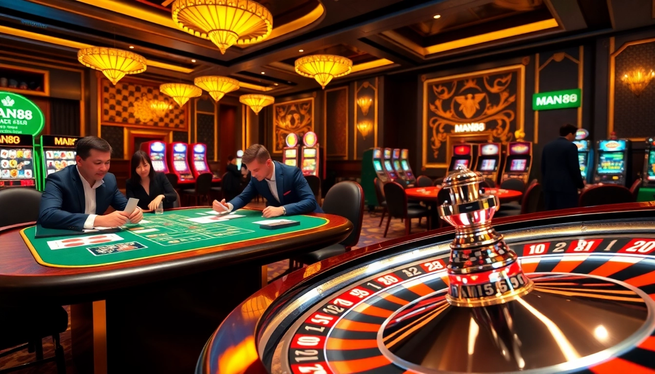 Man88 branded poker game scene, highlighting vibrant poker chips and cards.