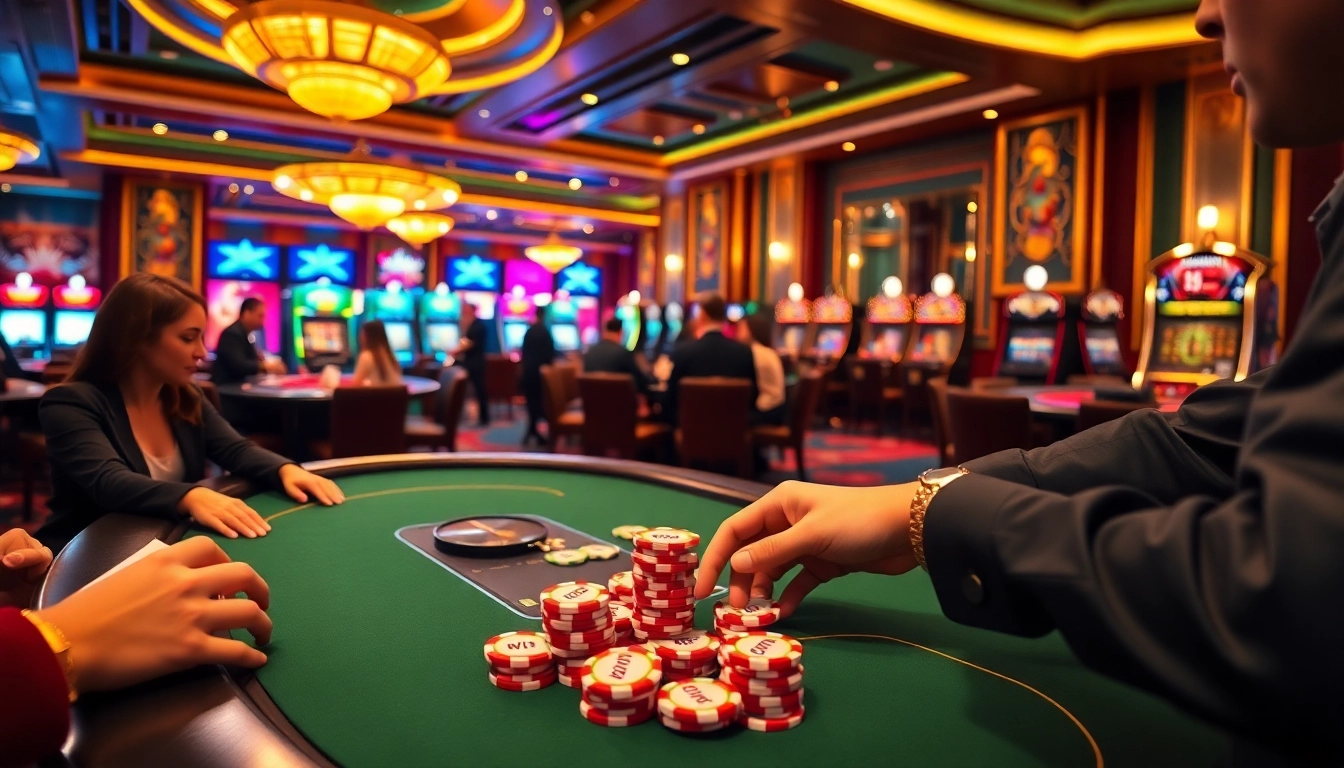 High-stakes poker table with "win 55" chips in a luxurious casino atmosphere.