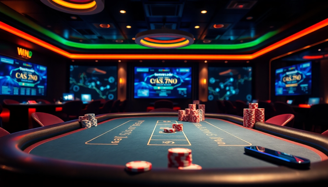 에볼루션 카지노의 세련된 게임 테이블과 진열된 칩을 보여주는 고급 카지노 환경