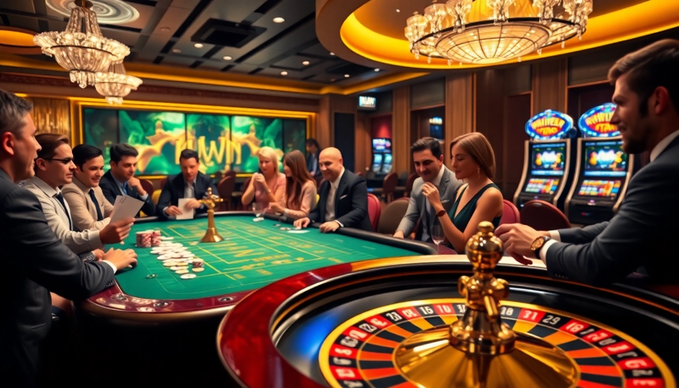 Engage with high-stakes gameplay at KUWIN, showcasing players enjoying poker and roulette in a luxurious environment.