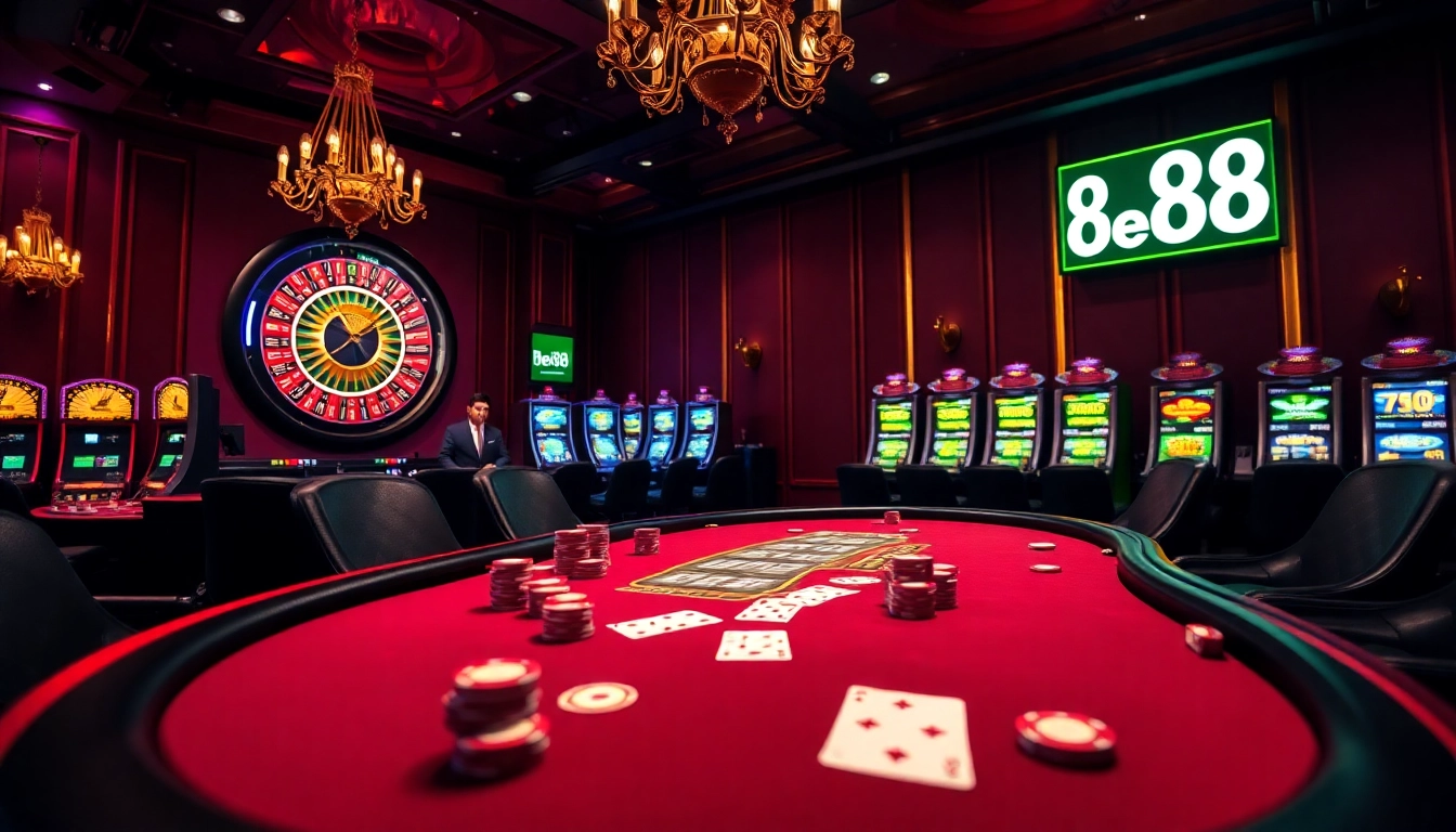 Experience the excitement of bem88 at a luxurious poker table with colorful chips and cards in play.