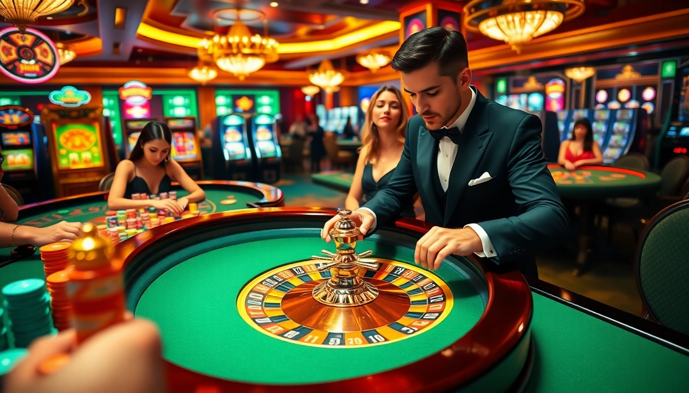 Players enjoying a lively roulette game at https://gamenohu99.com/, showcasing excitement and luxury in the casino.