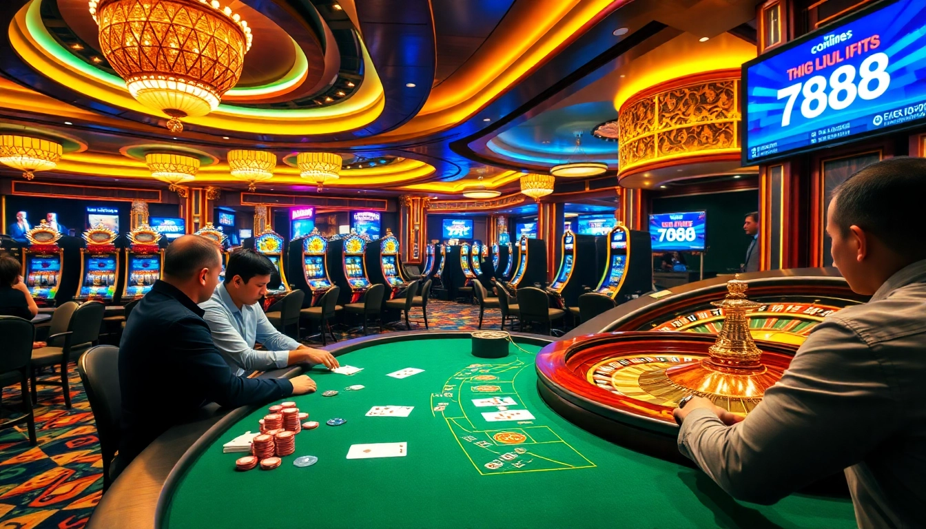 Engage in the thrilling casino experience tại 789club surrounded by elegant gaming tables and vibrant slot machines.