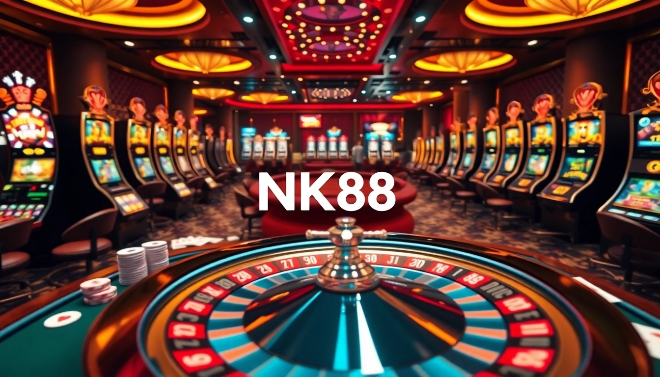 Experience the thrill of gambling at NK88 with a vibrant casino scene featuring roulette and slot machines.