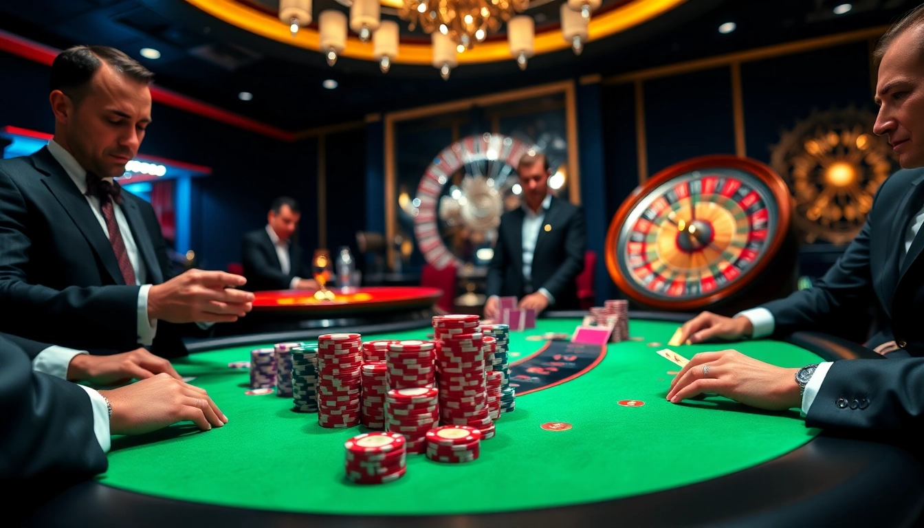 Cwin poker game with players, chips, and a spinning roulette wheel in a luxurious casino.