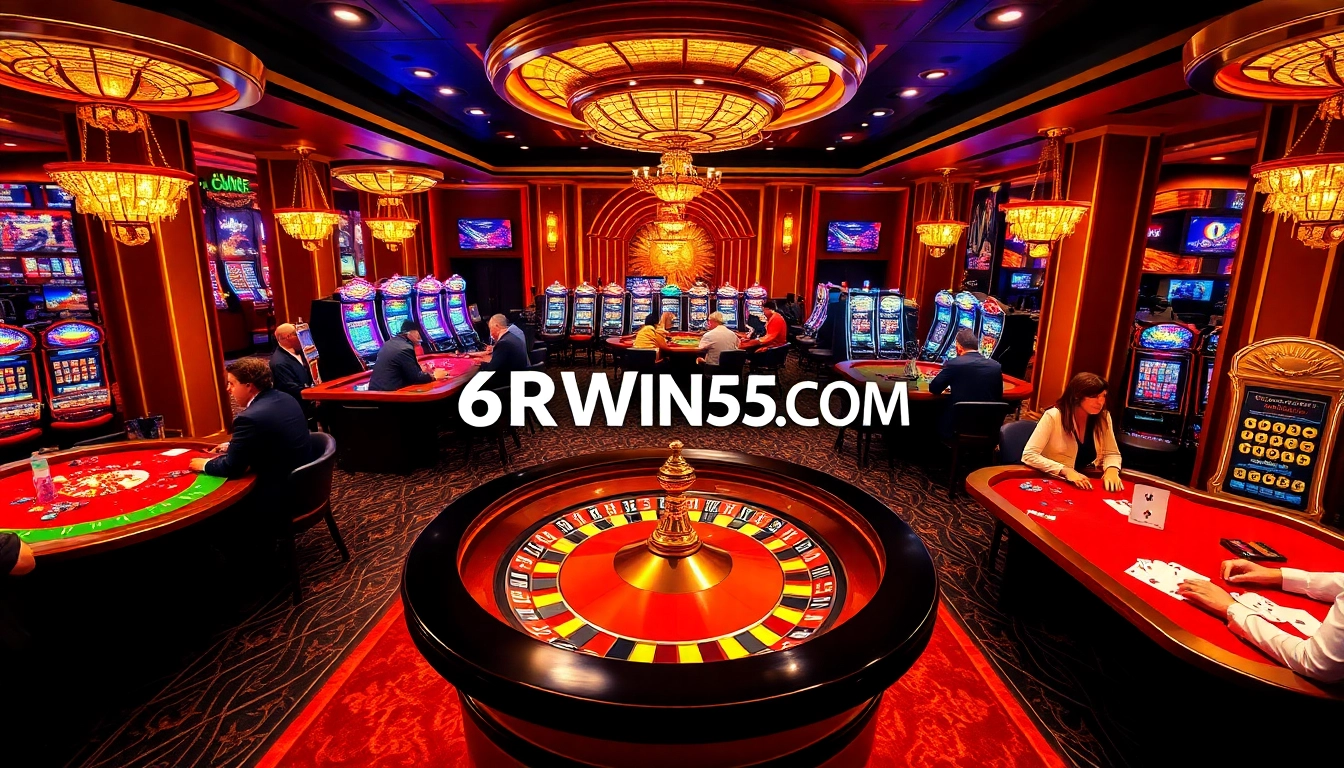 Experience thrilling gameplay at 6RWIN55 COM in a luxurious casino setting with vibrant roulette and card games.