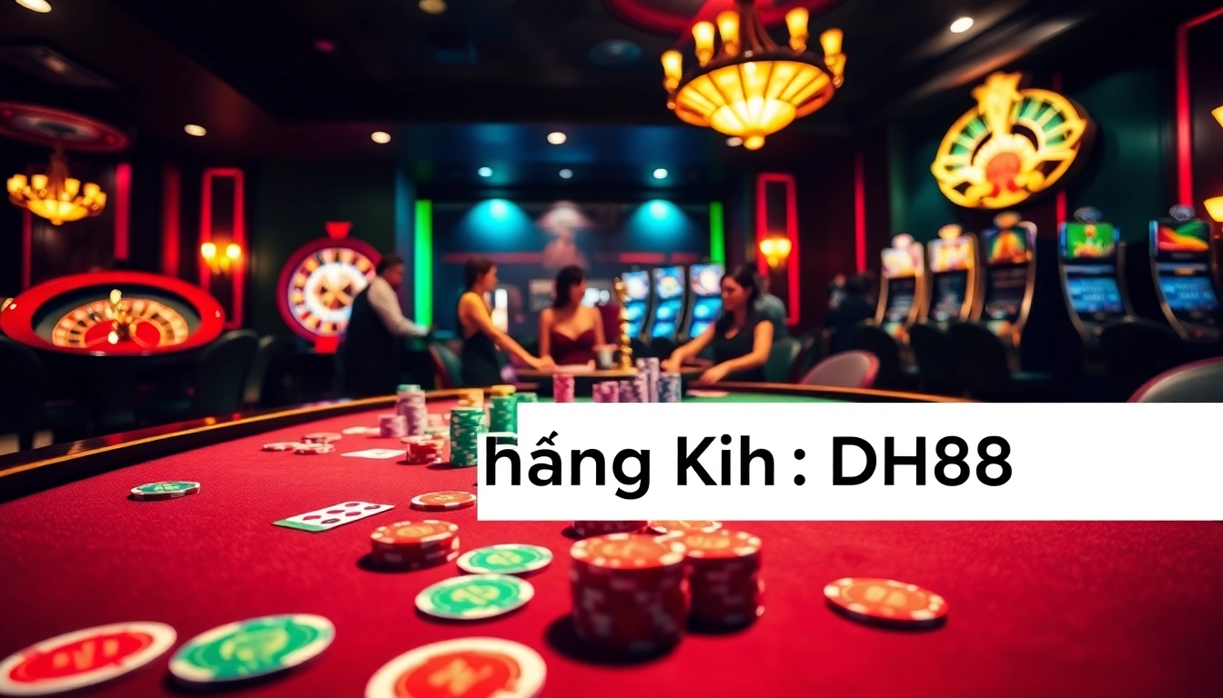 Engage in poker at a vibrant casino table, featuring Đăng Ký DH88 registration amidst colorful chips and cards.
