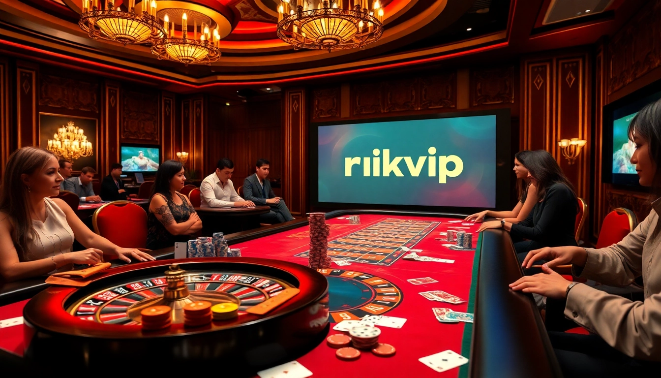 Experience the thrill of rikvip with an exciting casino scene filled with poker chips and cards.