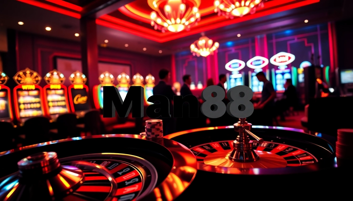 Man88 logo in a vibrant casino scene with roulette, poker chips, and slot machines.